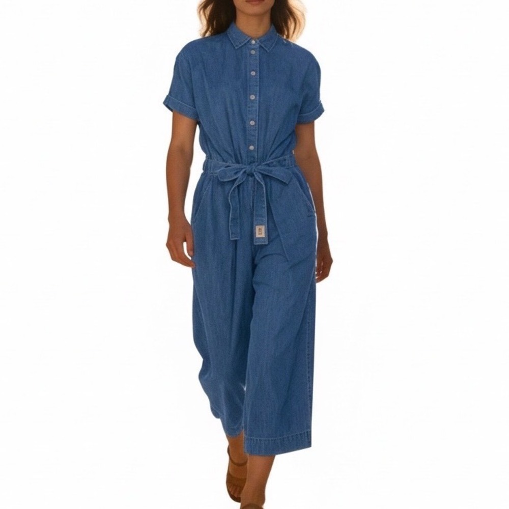 Kate Spade X Broome Street Denim Cropped Jumpsuit Blue Short Sleeve Belted SZ M
